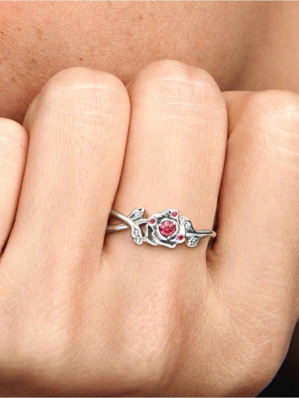 Pandora x Disney Beauty & The Beast Silver Floral Pink Crystal Ring - Women sz7